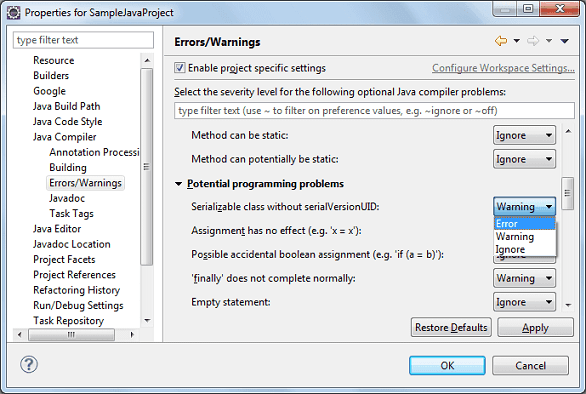 eclipse-serializable-warning-project