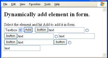 Dynamically add button, textbox, input, radio elements in html form using JavaScript.